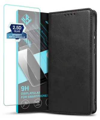 Produktbild von Handyhülle für Xiaomi Redmi Note 14 Pro 5G mit 9H Displayglas Kunstleder Flip Cover Hülle Klapphülle Case Kartenfach Farbe: Schwarz