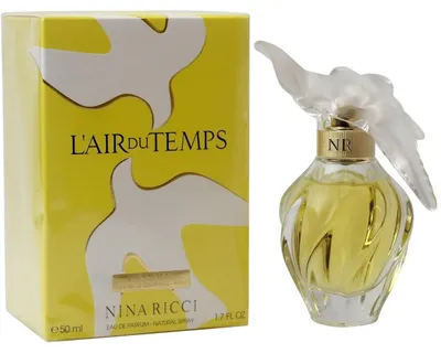 Eleganter Glasflakon mit geschwungenem Design und mattem Deckel in Form zweier Tauben, daneben gelbe Verpackung mit Taubenmotiv und Aufschrift „L’Air du Temps – Nina Ricci“.