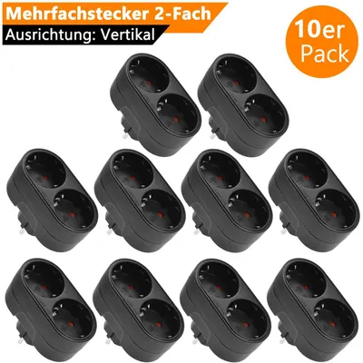 Produktbild von ORSEM 10x Mehrfachsteckdose Schutzkontakt Steckdosenadapter Stromadapter Stecker Multi-Steckdose 2x Schutzkontakt-Buchse 16A / 3500W Vertikal Schwarz