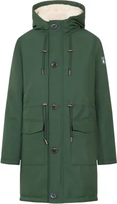 A green winter jacket with a white fur lining is shown against a white background.