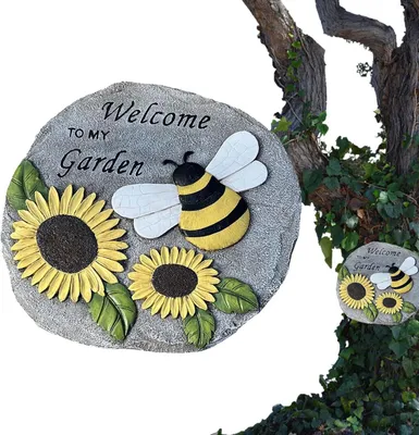 Produktbild von Dekorativer Sonnenblumen-Trittstein aus Kunstharz mit Bienenmotiv für Gartenwege und den Außenbereich