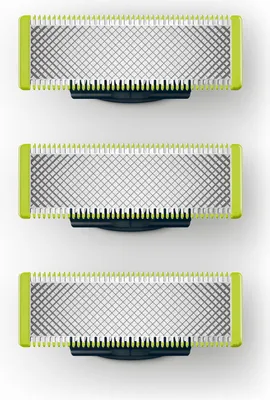 Three Philips OneBlade replacement blades are arranged vertically on a white background.