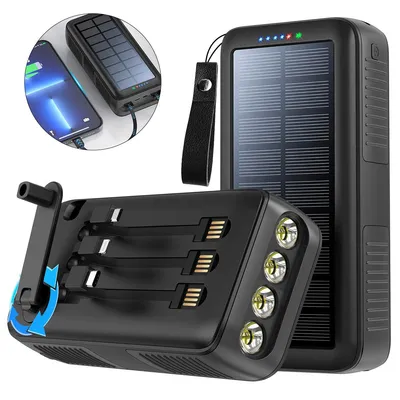 Produktbild von Solar Powerbank 63200mAh, Outdoor Ladegerät mit Handkurbel, 2 USB, Taschenlampe & SOS, wasserdicht & stoßfest