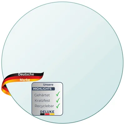 A circular transparent glass tabletop with branding and feature highlights in the lower left corner.