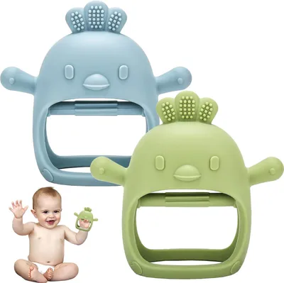 Produktbild von 2er Set Baby Beißringe, Silikon Beißspielzeug, 0-12 Monate, BPA-frei, Blau und Grün
