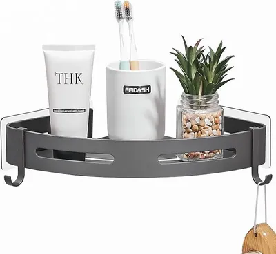 Produktbild von PolkaHome® Eckregal Duschregal ohne Bohren, Metall Duschablage mit 2 Haken, Badregal für Bad & Küche, Grau