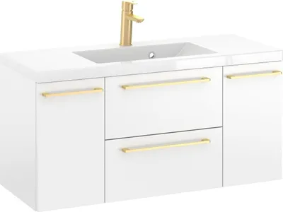 Produktbild von Rosen 100 cm Badezimmerschrank in Weiß Hochglanz mit Waschbecken und Griffen in Edelstahl gebürstet - Zeitloses Design