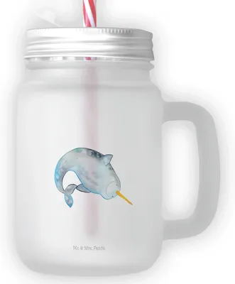 Produktbild von Mr. & Mrs. Panda Glas Narwal - Transparent - Geschenk, Glasbecher, Trinkgefäß, Kinderzimmer, mit deckel, Trinkglas, Putzen, Meer, Mason Jar, Aufräumen, Hausfrau, Wal