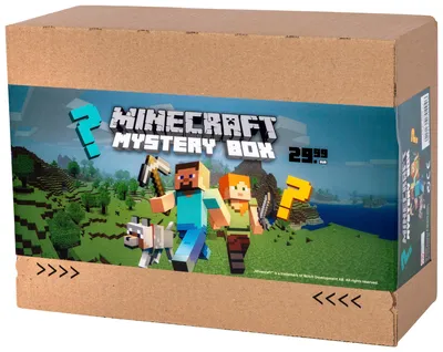 A Minecraft Mystery Box with characters and a landscape illustration.