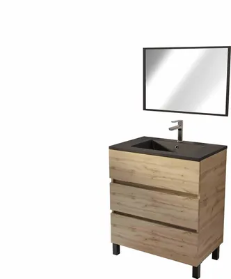 Image de Meuble de salle de bains 70cm TIMBERReproduction Chêne Naturel 3 Tiroirs Vasque Noire et Miroir 70x50