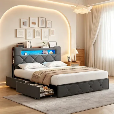 Produktbild von Bett 160 x 200 cm mit LED & USB, gepolstertes Doppelbett mit 4 Schubladen, gepolstertes Bett mit großem Stauraum, bettgestell ,jugendbett ,Grau
