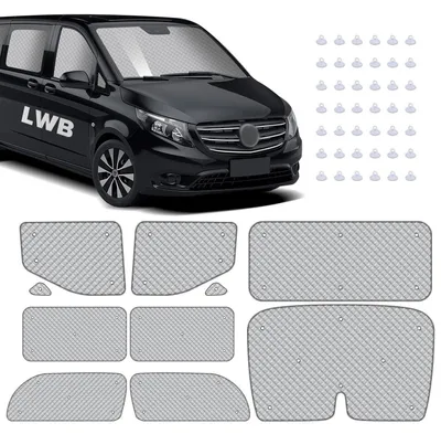 Image de Ensemble de 10 tapis de protection thermique pour Mercedes Vito II W639/Viano (2003-2014), modèle long (LWB), version L2, pour pare-brise, effet occultant et protection solaire