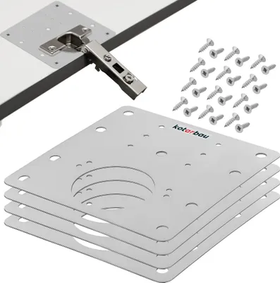 Produktbild von KOTARBAU® 4er Set Scharniere Reparaturplatte 9 x 9cm Reparaturstück mit Schrauben 4 Stk. Edelstahl Schrank Scharniere Reparaturplatte Topfscharnier Dosenscharnier Scharnier Reparaturset für Scharniere
