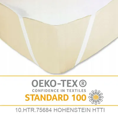 A close-up view of a mattress protector with a certification logo and text.