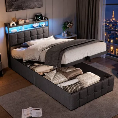 Productafbeelding van INONEFT Gestoffeerd bed 90x200 cm, kinderbed met hydraulische opbergruimte, tienerbed met LED-verlichting en USB-aansluitingen, linnen grijs, zonder matras