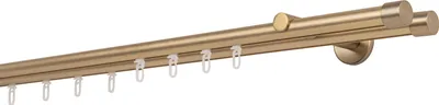 A double curtain rod with hooks against a white background.
