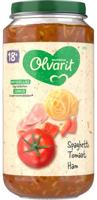 Productafbeelding van Olvarit Spaghetti Tomaat Ham, babyvoeding, vanaf 18 maanden, 250g – Voedzame maaltijd met tomatensaus en ham