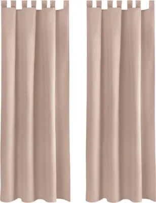 Two beige curtains hanging side-by-side against a white background.
