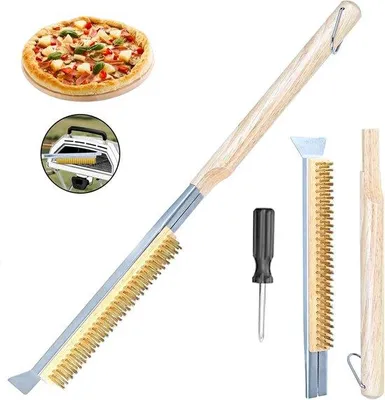 Produktbild von Pizza-Stein-Bürste und Pizzaofen-Bürste mit Edelstahl-Schaber – Messingborsten, Holzgriff – Reinigungsbürste für Pizzaofen, Grillrost