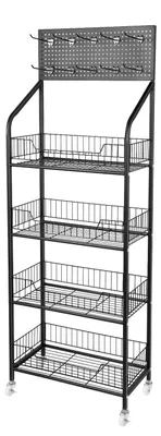 Zdjęcie produktu dla Wózek z metalowymi koszami na kółkach – 4-poziomowa półka ekspozycyjna – płyta wisząca i haczyki – regulowana odległość 26 cm – 10 kg na każdy poziom – 50×27×140 cm – czarny