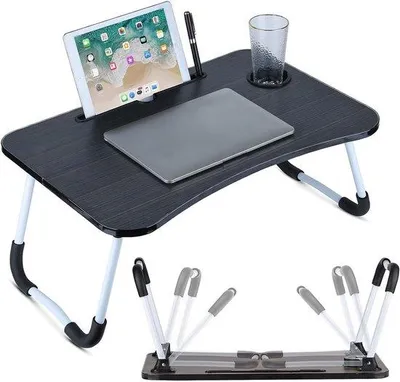 Produktbild von Famanu Laptop-Tisch mit Tablet- und Becherhalter - Faltbare Bett-Tisch für Homeoffice, Lesen und Frühstück - 60 x 40 cm