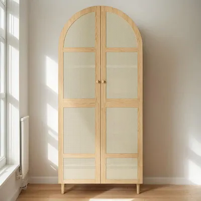 Produktbild von Moderner Kleiderschrank mit gebogenen Türen und großzügigem Stauraum, ausgestattet mit Kleiderstange und Schubladen – ideal für Schlafzimmer und Eingangsbereiche