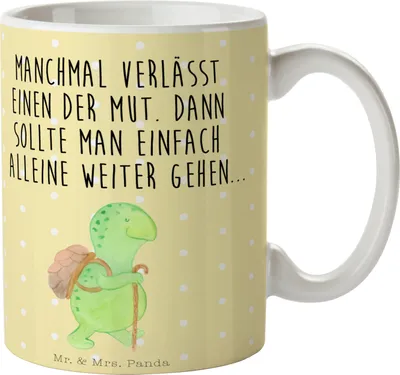Produktbild von Mr. & Mrs. Panda Kaffeebecher Schildkröte Wanderer - Gelb Pastell - Geschenk, Kaffeetasse, Henkelbecher, Bedruckte Tasse, Motivationsspruch, Teetasse, bedruckt, mutig