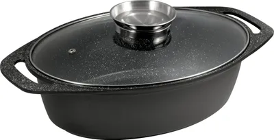 A black oval-shaped casserole dish with a glass lid and silver handle on a white background.