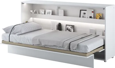 Produktbild von MEBLINI Schrankbett Bed Concept - Wandbett mit Lattenrost - Klappbett mit Schrank - Wandklappbett - Murphy Bed - Bettschrank - BC-06 - 90x200cm Horizontal - Weiß Hochglanz/Weiß mit Matratze