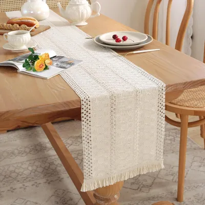 Imagen del producto de Mantel individual de macramé, tejido a ganchillo, 240 x 30 cm, de algodón, con flecos, para la cocina