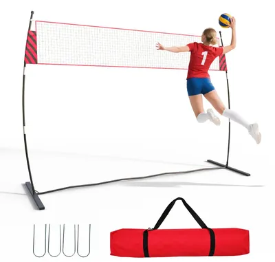 Produktbild von Volleyballnetz 3,66 m - Freistehend - Höhenverstellbar 2,26–2,44 m - Durchhängschutz - Komplettset mit Ball, Pumpe und Tragetasche - Rot