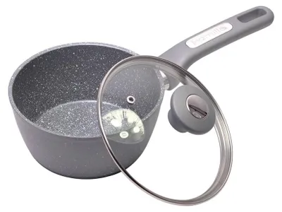 A gray pot with a glass lid and a gray handle, shown from a slightly elevated side angle on a white background.