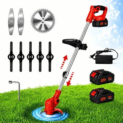 Produktbild von Akku Rasentrimmer mit 2 Akkus & Ladegerät, 3 in 1 Freischneider akku, 18000 U/min, Teleskopstiel 90-120cm, für Garten & Hof