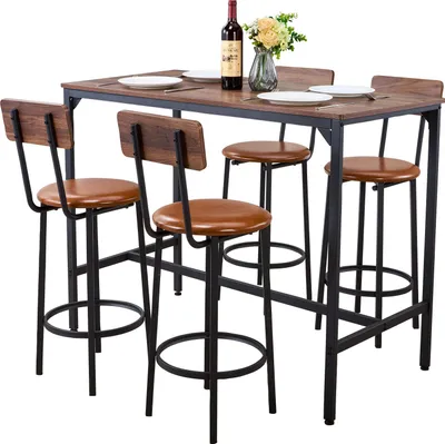 Obrázok produktu pre SucceBuy barový stôl (5-dielny) so 4 barovými stoličkami a zaoblenými hranami, obdĺžnikový barový stôl (120 x 60 x 90 cm), ideálny ako jedálenský stôl alebo barový pult do kancelárie, minibaru, jedálne a obývačky