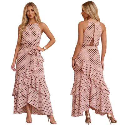 Produktbild von Rosa Maxikleid mit Punkten, Rüschen, Cocktailkleid, Polka Dots S