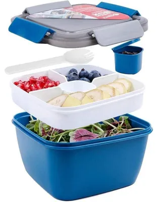 Produktbild von Salatbehälter Lunch-Behälter Bento Box 3 Fächer mit Dressingbehälter auslaufsicher mikrowellengeeignet 1500 ml Dunkelblau