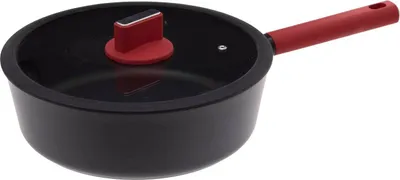 A black saucepan with a red handle and lid knob is shown against a white background.