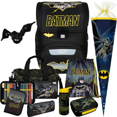 Produktbild von Scooli Schulranzen Jungen 1.Klasse Batman-EasyStart Schulranzen-Set 10tlg. mit Sporttasche, Brotdose, Trinkflasche, Schultüte und Plüsch-Feldermaus