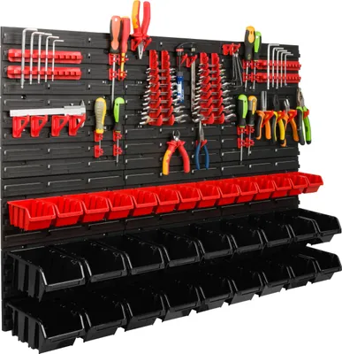 Produktbild von Lagersystem Werkstattregal | 117 x 78 cm | 32 stck. Box | Wandregal mit Werkzeughalterungen und Stapelboxen - Wandplatten Extra Starke Schüttenregal Warkzeuglochwand Lagerregal Garage Regal