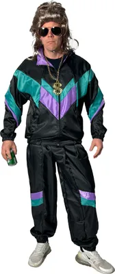 Produktbild von 80er Jahre Trainingsanzug Kostüm – Retro Jogginganzug Set für Herren (Jacke & Hose) – Schwarz mit Grün & Violett, Größe:XXL