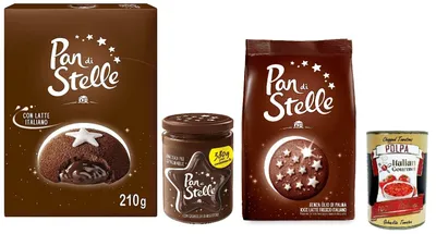 Produktbild von Pan di Stelle testpaket mit schokoladengefülltem Mondkuchen, Kakao- und Haselnusskeksen und Streichcreme mit Keksbröseln+ Italian Gourmet Polpa di Pomodoro 400g