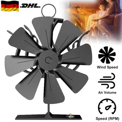 Produktbild von 8-flügeliger Kaminofen-Ventilator aus Aluminiumoxid, wärmebetrieben mit Thermometer für Holz- und Kaminöfen