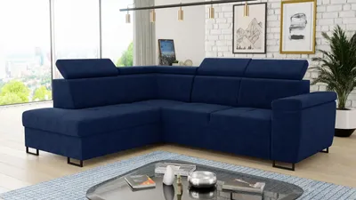 Produktbild von Ecksofa Natan mit Schlaffunktion und einstellbare Kopfstützen - Wohnlandschaft mit Metallfüßen, Couchgarnitur, Bettkasten, Sofa (Ecksofa Links, Dunkelblau (Kronos 09))