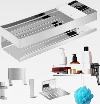 Produktbild von Hängende Duschablage aus Edelstahl - Seifen- und Shampoohalter - Duschablage ohne Bohren - 5-in-1-Duschkorb für Badzubehör - Duschregal - Shampoo Halterung für Dusche