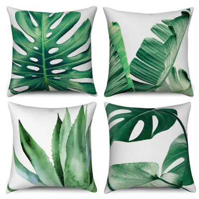 Kissenbezüge 40x40 cm, 4er-Set, Leinen, tropisches Blattdesign