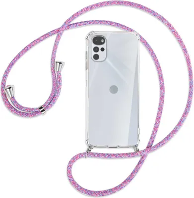 Produktbild von Handykette Backcover-Schutzhülle mit Band (Metall silberfarben) für Motorola Moto G22 4G - lila/rosa/blau
