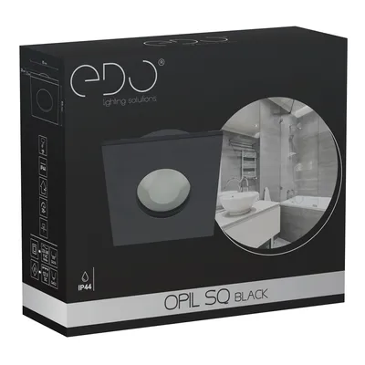 The image shows the product packaging for a black square recessed light fixture.