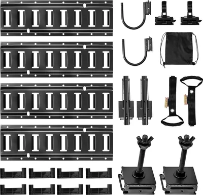 Obrázok produktu pre Sada upevňovacích líšt E-Track – balenie po 4 ks, 40 cm – U-háky 2x – držiaky náradia 2x – držiaky regálov 2x – držiaky pneumatík 2x – káblové krúžky 2x – koncovky 8x a taška na prenášanie