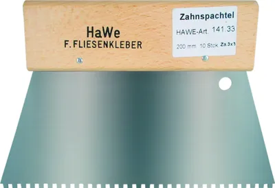 Produktbild von HaWe Zahnspachtel mit breitem Holzgriff und Aufhängeloch - 200 mm Breit, verschiedene Zahnungen Ausführung:Viereckzahnung 3x3 mm