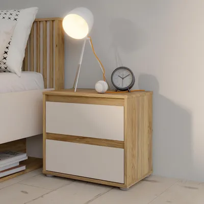 Produktbild von Forte ELISTON Nachtschrank 50, moderner Nachttisch mit 2 Schubladen, Schlafzimmer, Mauvella Eiche Holzdekor|Kashmir Beige, 48,4 cm breit x 43,3 cm hoch x 29,2 cm tief